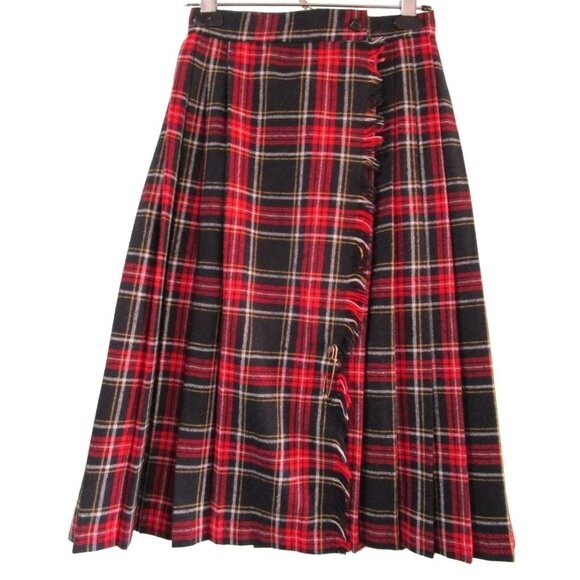 Pleated Tartan Plaid Wool Kilt Wrap Skirt Brass Pin Fringed Edge Modern XS EUC - Picture 1 of 14